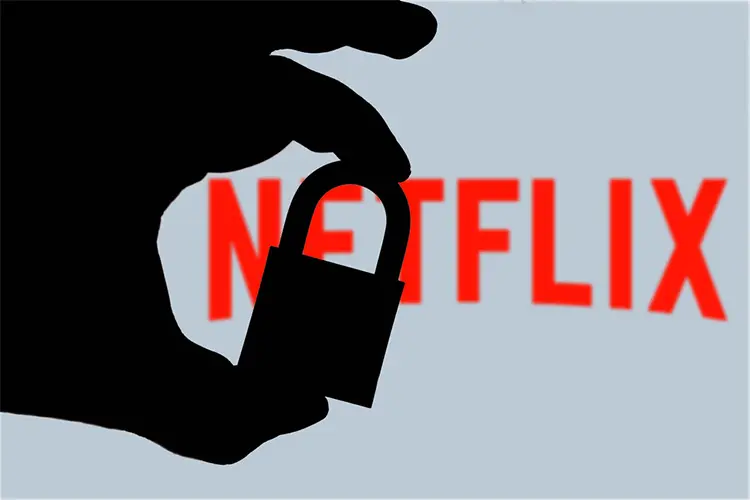 Silhouette of a hand holding a padlock in front of the Netflix logo, representing account security and protection from a netflix hack.
