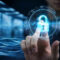 Person touching a digital padlock icon on a virtual screen, symbolizing how businesses can strengthen security through advanced cybersecurity measures.