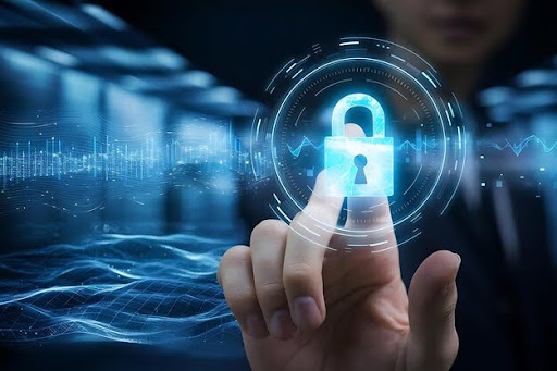 Person touching a digital padlock icon on a virtual screen, symbolizing how businesses can strengthen security through advanced cybersecurity measures.