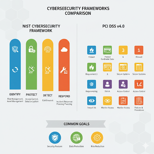 Comparison of NIST Cybersecurity Framework and PCI DSS 4.0 requirements for small businesses.