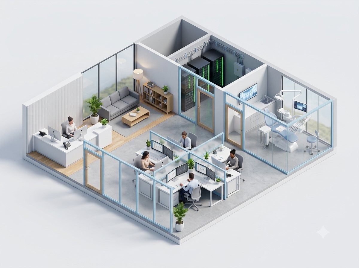 Isometric cutaway render of a small business office: reception, open desks, server room, dental operatory