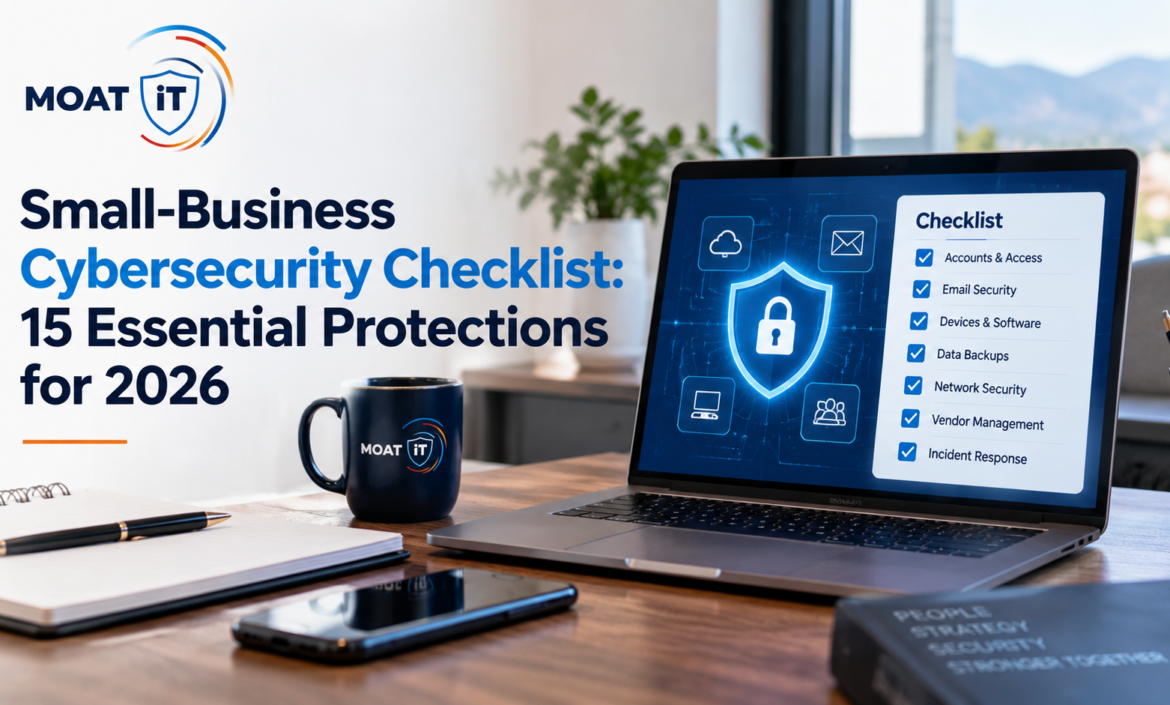 Business owner and IT specialist reviewing a small-business cybersecurity checklist