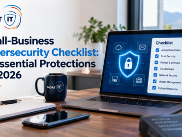 Business owner and IT specialist reviewing a small-business cybersecurity checklist